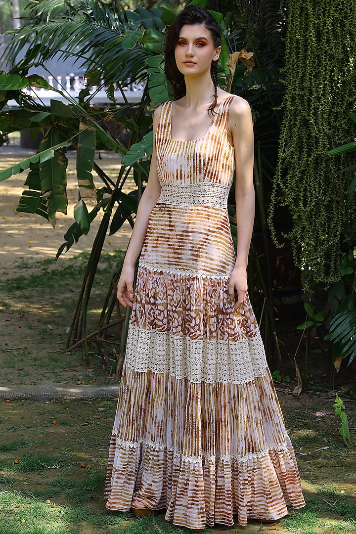 Brown Tie-Dyed A-Line Maxi Dress by Mynah Designs By Reynu Tandon