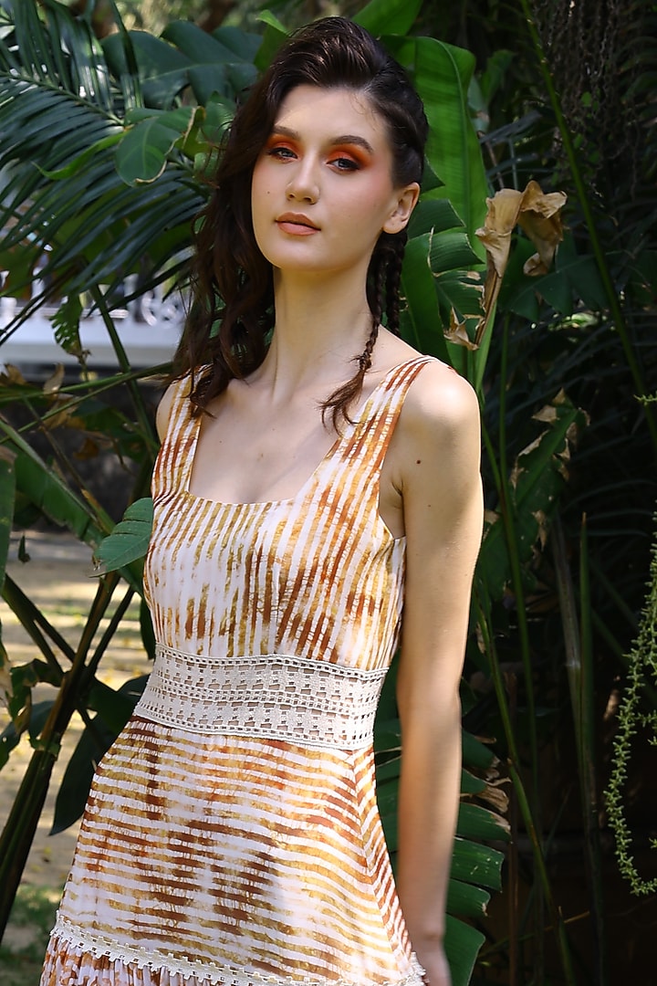 Brown Georgette Lacework & Tie-Dye Printed A-Line Maxi Vacation Dress by Mynah Designs By Reynu Tandon at Pernia's Pop Up Shop