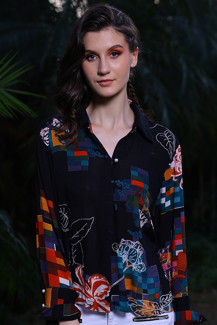 Black Printed Top by Mynah Designs By Reynu Tandon at Pernia's Pop Up Shop