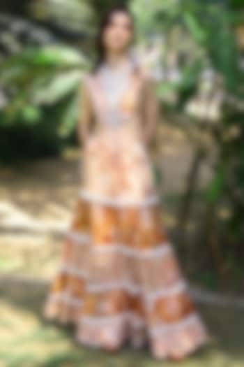 Brown & Peach Printed Layered Skirt by Mynah Designs By Reynu Tandon