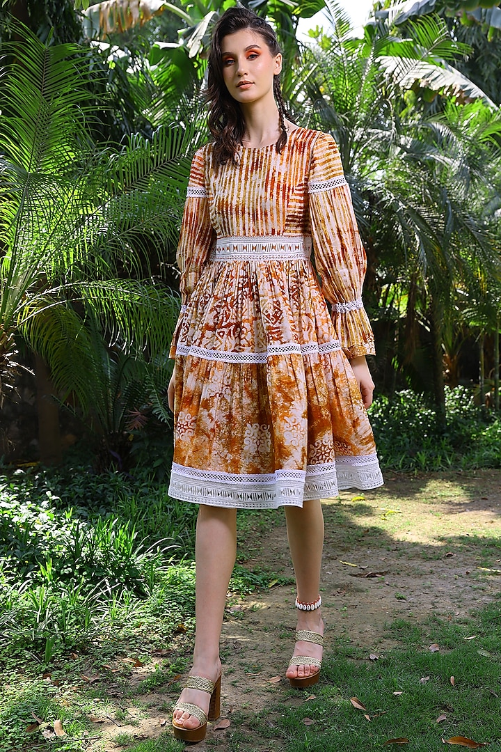 Brown & Peach Printed Dress by Mynah Designs By Reynu Tandon