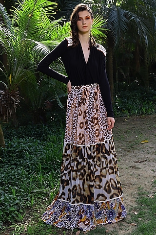 Multi-Colored Georgette Animal Printed & Crochet Work Frilled Maxi Skirt by Mynah Designs By Reynu Tandon