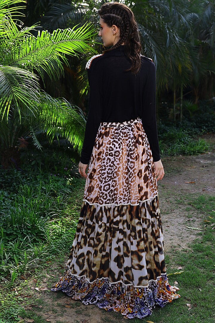 Multi-Colored Georgette Animal Printed & Crochet Work Frilled Maxi Skirt by Mynah Designs By Reynu Tandon at Pernia's Pop Up Shop