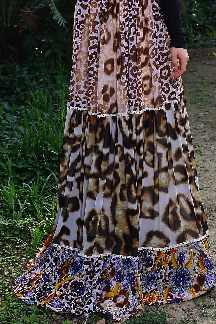 Multi-Colored Georgette Animal Printed & Crochet Work Frilled Maxi Skirt by Mynah Designs By Reynu Tandon at Pernia's Pop Up Shop