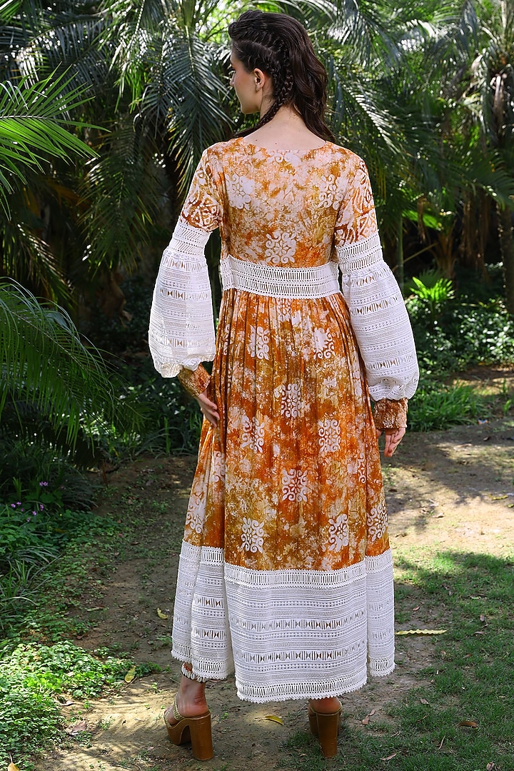 Brown & Peach Georgette Lacework Tie-Dye Vacation Dress by Mynah Designs By Reynu Tandon at Pernia's Pop Up Shop