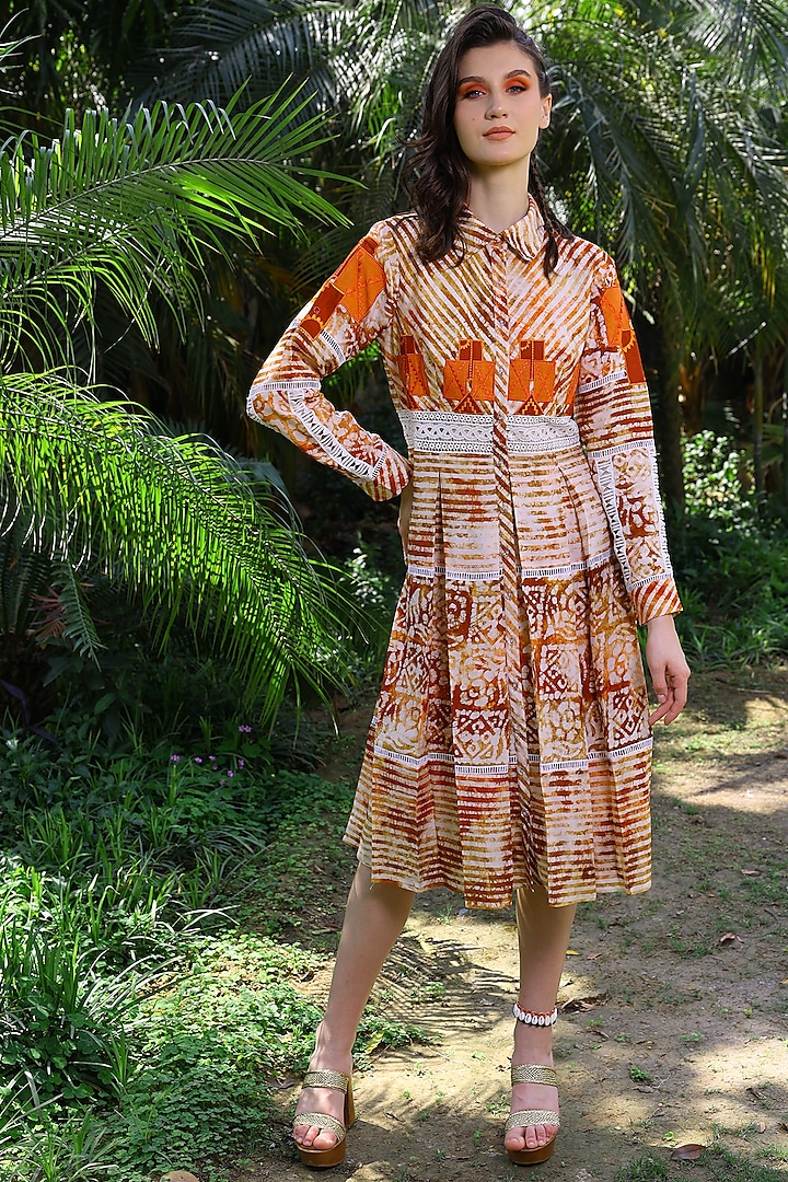 Brown & Peach Box Pleated Dress by Mynah Designs By Reynu Tandon
