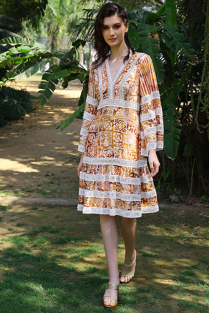 Ivory & Brown Printed Dress by Mynah Designs By Reynu Tandon