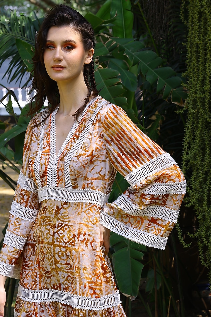Ivory & Brown Printed Vacation Dress by Mynah Designs By Reynu Tandon at Pernia's Pop Up Shop