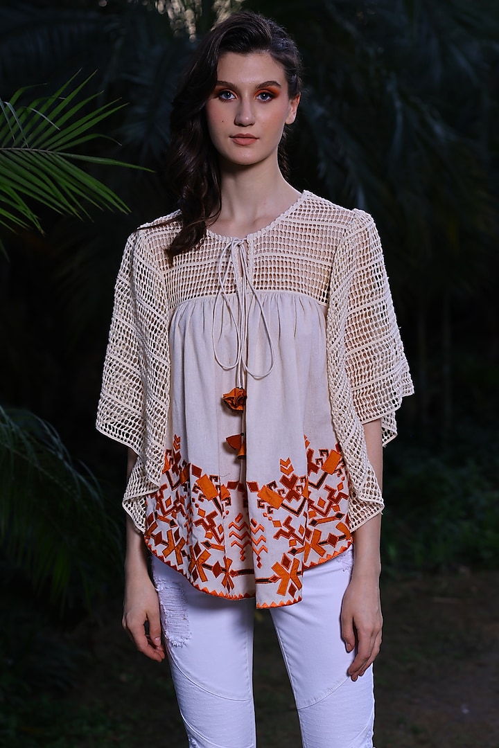 White & Orange Printed Top by Mynah Designs By Reynu Tandon