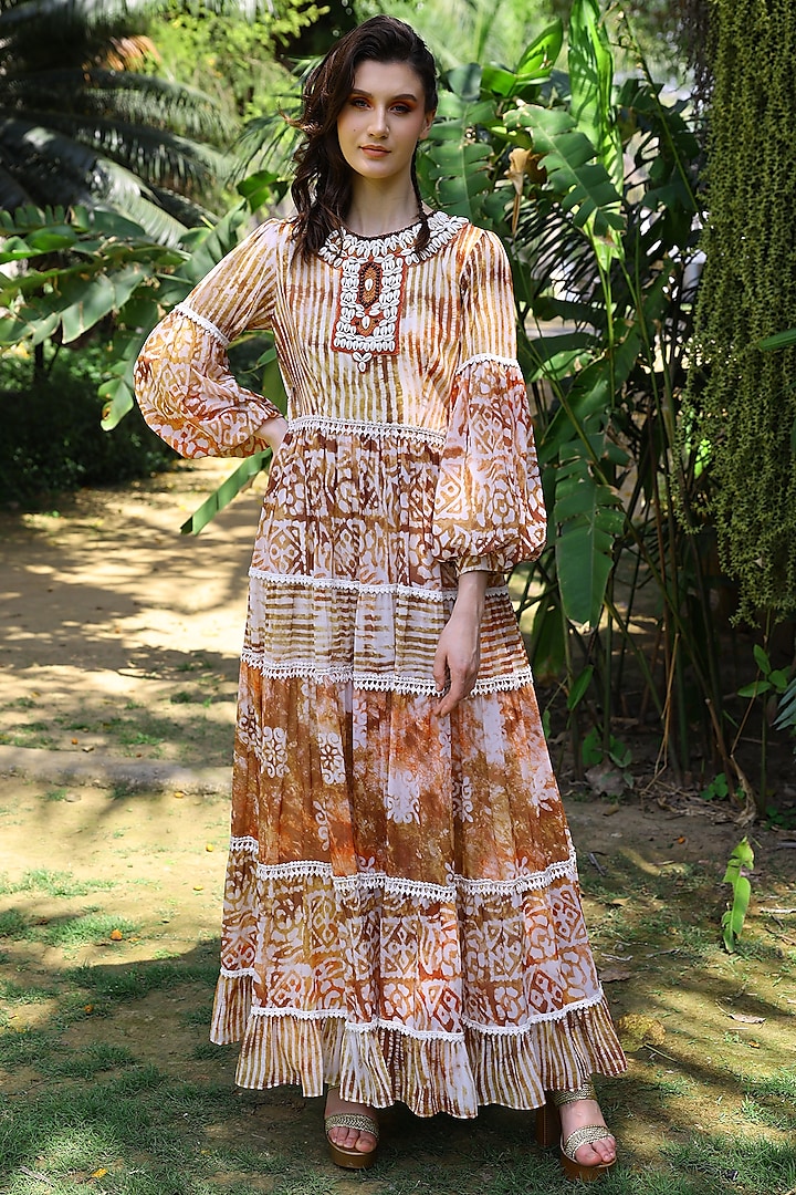 Beige Embroidered Maxi Dress by Mynah Designs By Reynu Tandon