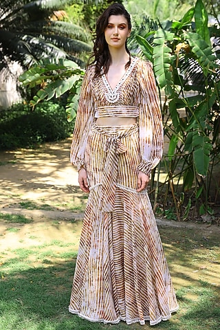 Ivory & Peach Georgette Stripe Printed & Crochet Work Maxi Skirt by Mynah Designs By Reynu Tandon