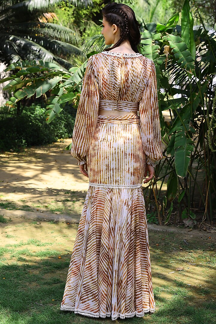 Ivory & Peach Georgette Stripe Printed & Crochet Work Maxi Skirt by Mynah Designs By Reynu Tandon at Pernia's Pop Up Shop