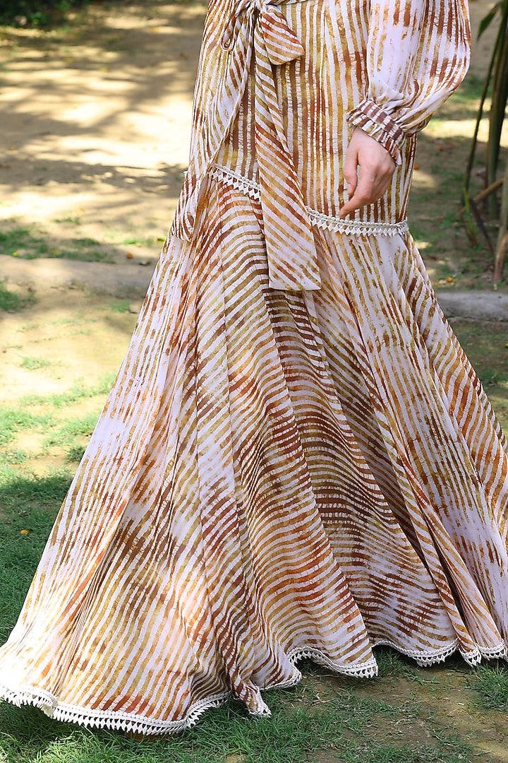 Ivory & Peach Georgette Stripe Printed & Crochet Work Maxi Skirt by Mynah Designs By Reynu Tandon at Pernia's Pop Up Shop