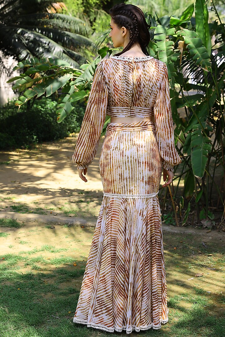 Brown & Peach Embroidered Cropped Top by Mynah Designs By Reynu Tandon at Pernia's Pop Up Shop