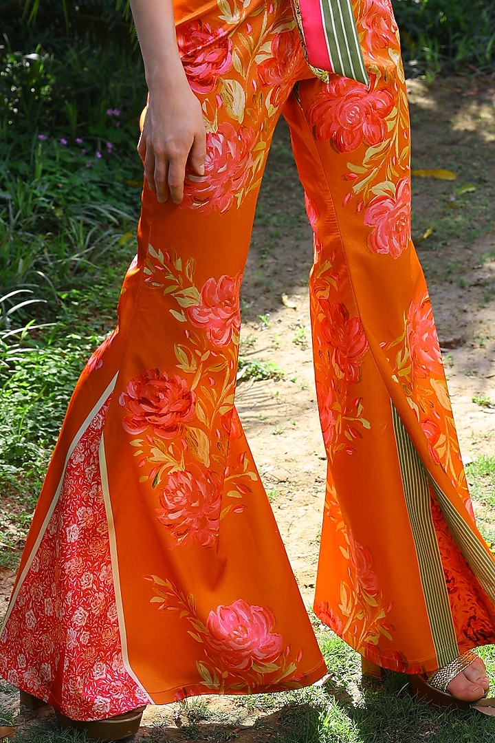 Orange Flared Bell Bottoms by Mynah Designs By Reynu Tandon at Pernia's Pop Up Shop