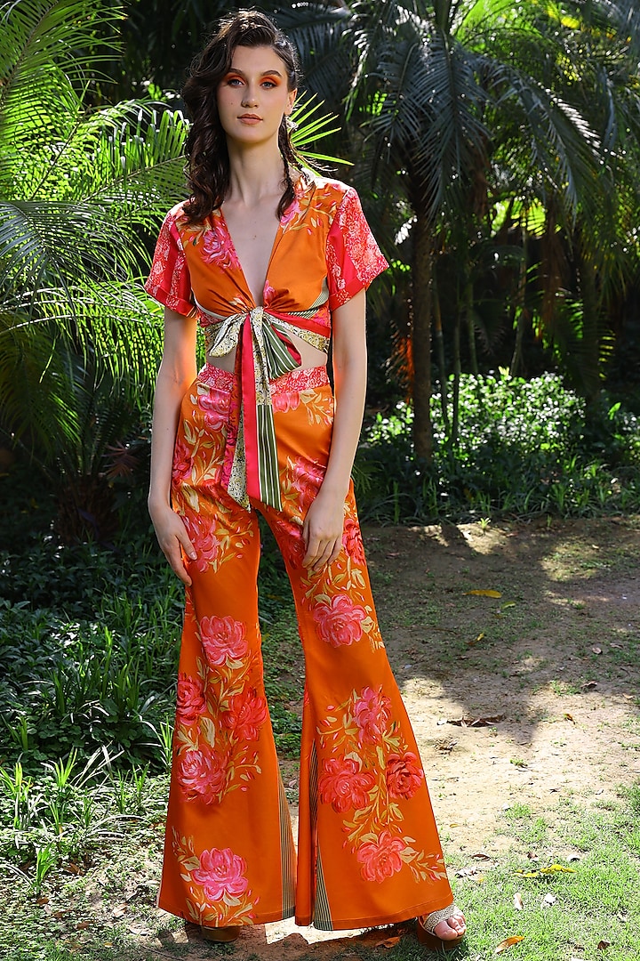 Orange Printed Satin Tie-Up Blouse by Mynah Designs By Reynu Tandon