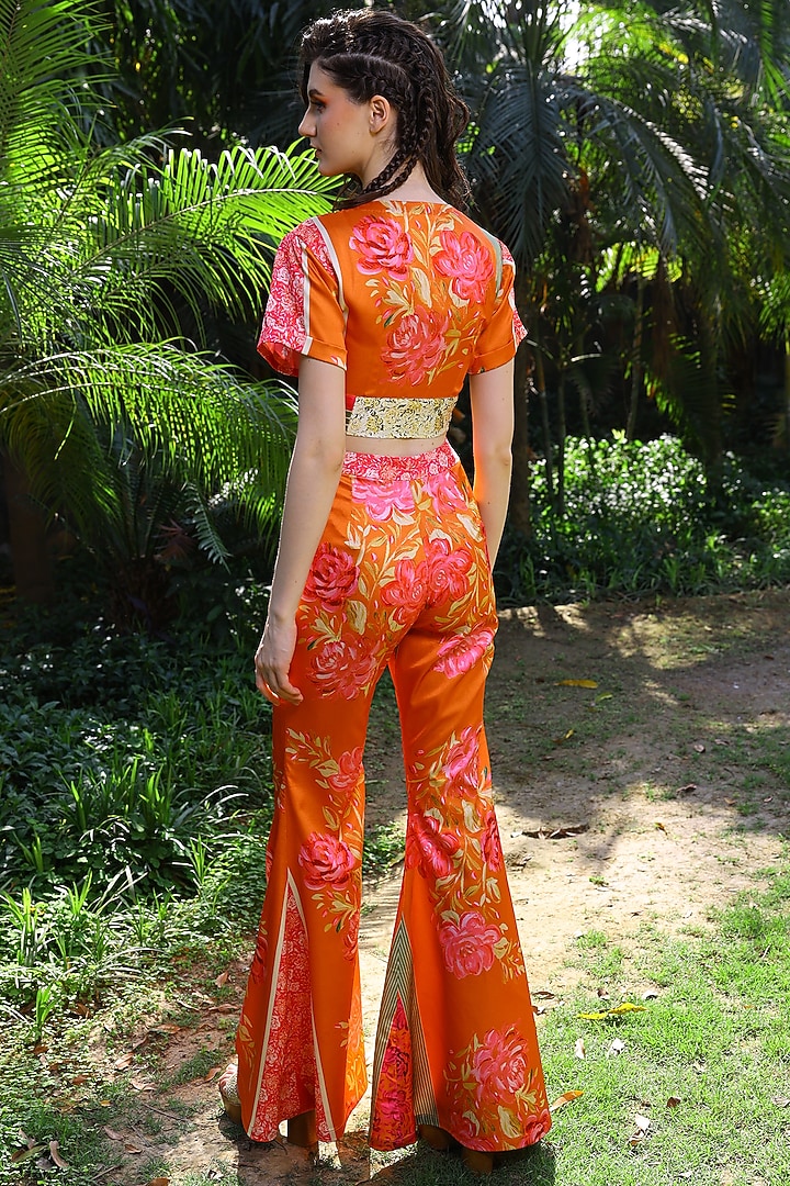 Orange Printed Satin Tie-Up Blouse by Mynah Designs By Reynu Tandon at Pernia's Pop Up Shop