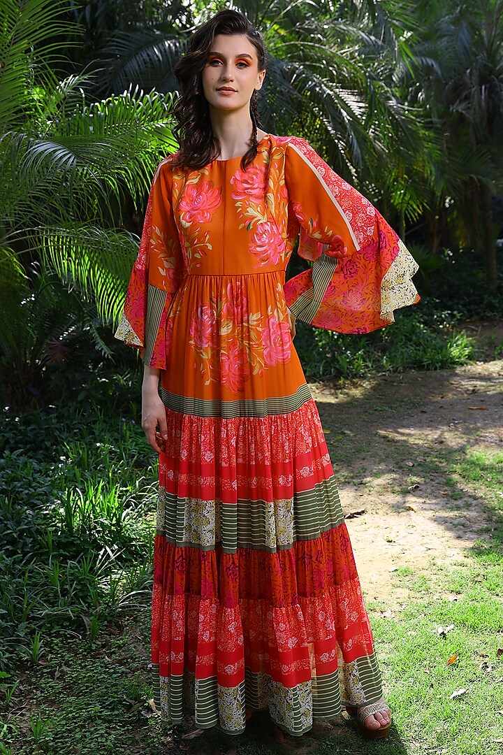 Orange Printed Satin Frilled Maxi Dress by Mynah Designs By Reynu Tandon