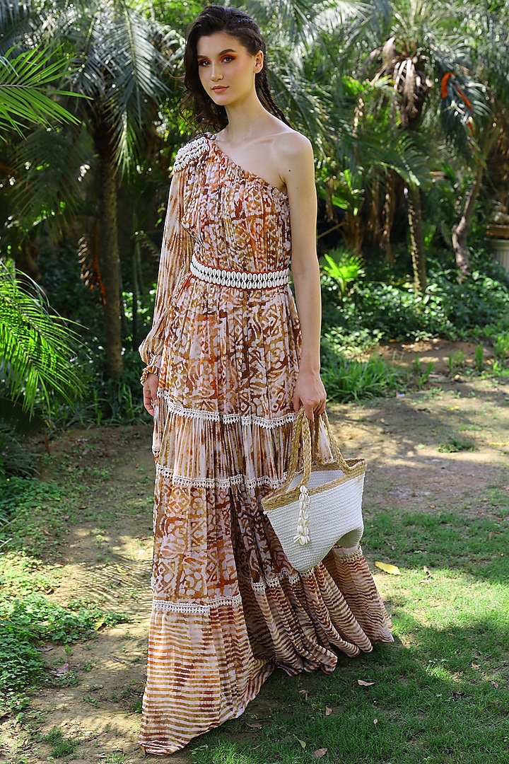 Beige One-Shoulder Printed Layered Maxi Dress by Mynah Designs By Reynu Tandon