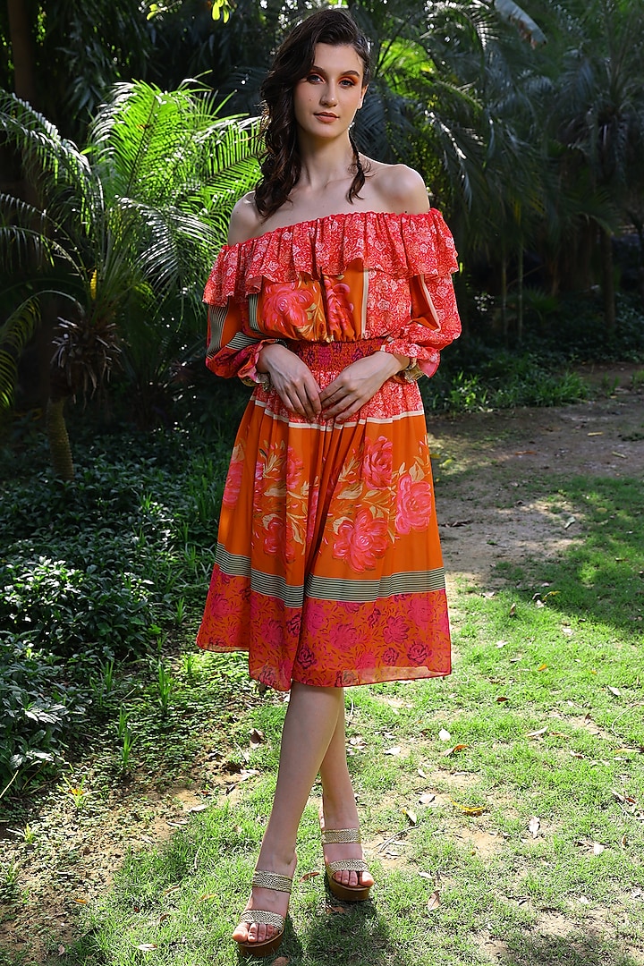 Fuchsia & Orange Printed Dress by Mynah Designs By Reynu Tandon