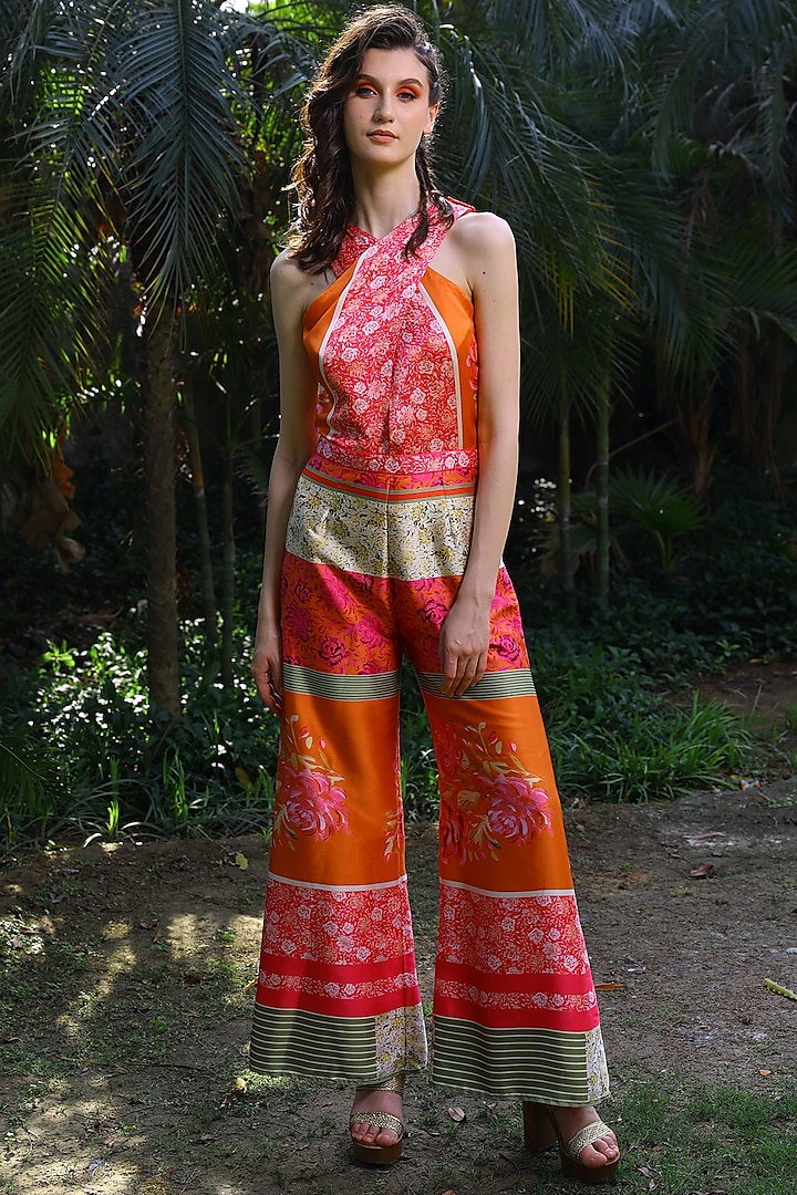 Fuchsia & Orange Printed Jumpsuit by Mynah Designs By Reynu Tandon