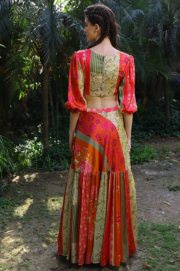 Fuchsia & Orange Satin Placement Printed Maxi Skirt by Mynah Designs By Reynu Tandon at Pernia's Pop Up Shop