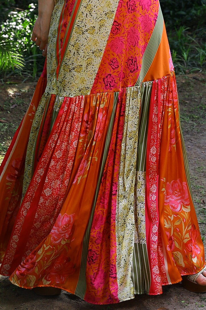 Fuchsia & Orange Satin Placement Printed Maxi Skirt by Mynah Designs By Reynu Tandon at Pernia's Pop Up Shop