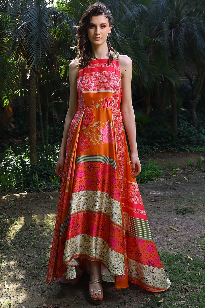 Fuchsia & Orange Printed Maxi Dress by Mynah Designs By Reynu Tandon
