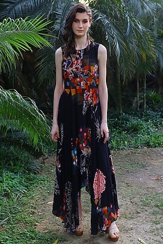 Black Printed Dress by Mynah Designs By Reynu Tandon