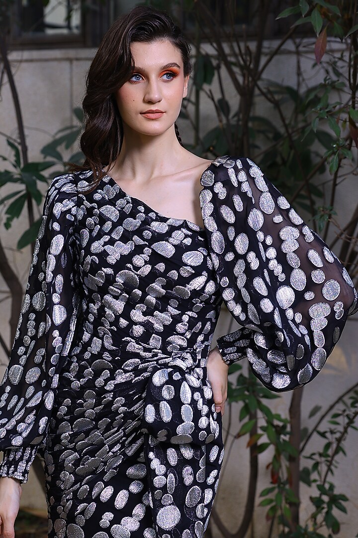 Black & Silver Georgette Brocade One-Shoulder Polka Dot Mini Party Wear Dress by Mynah Designs By Reynu Tandon at Pernia's Pop Up Shop