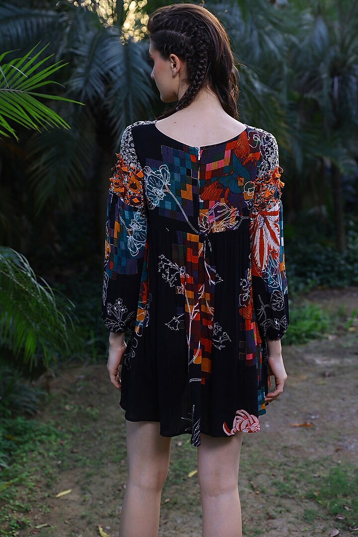 Black Rayon Crepe Printed Mini Cocktail Dress by Mynah Designs By Reynu Tandon at Pernia's Pop Up Shop