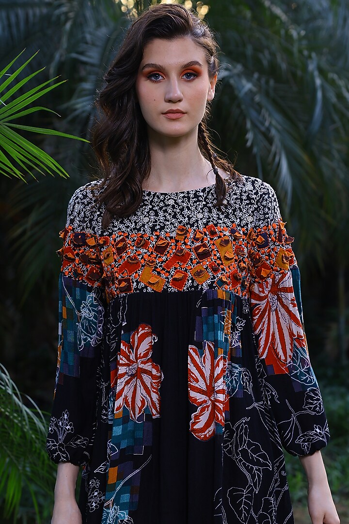Black Rayon Crepe Printed Mini Cocktail Dress by Mynah Designs By Reynu Tandon at Pernia's Pop Up Shop