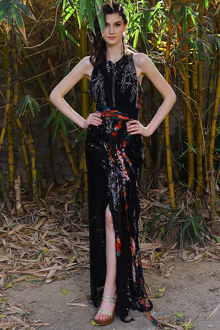 Black Sequins Gown by Mynah Designs By Reynu Tandon