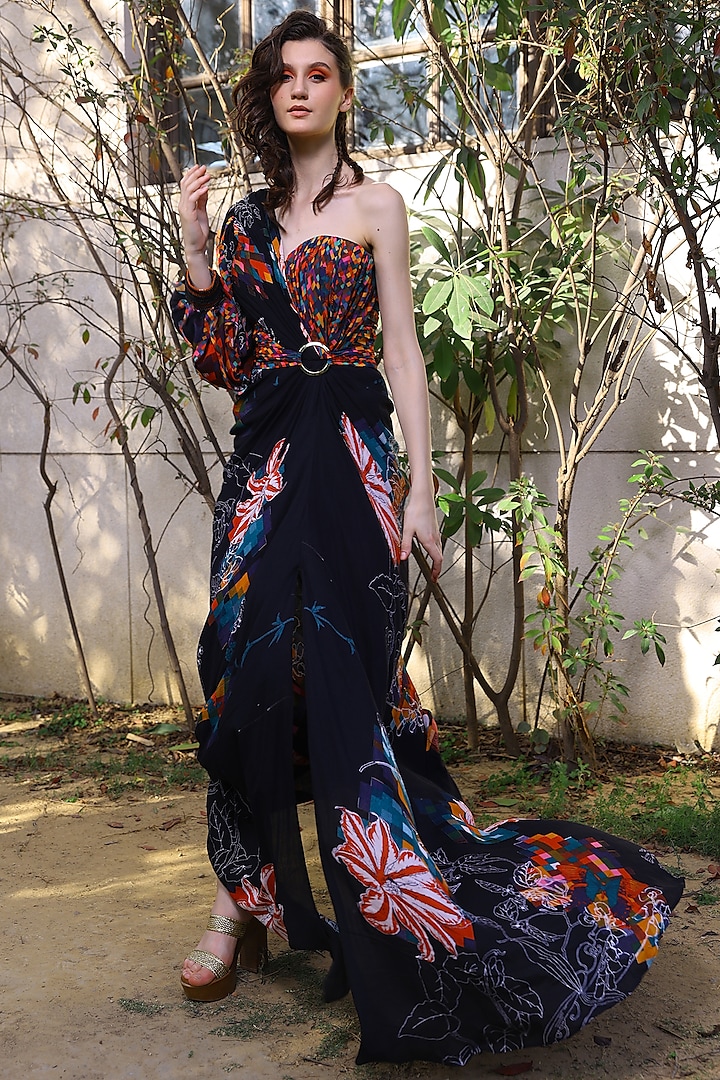 Black One-Shoulder Gown by Mynah Designs By Reynu Tandon
