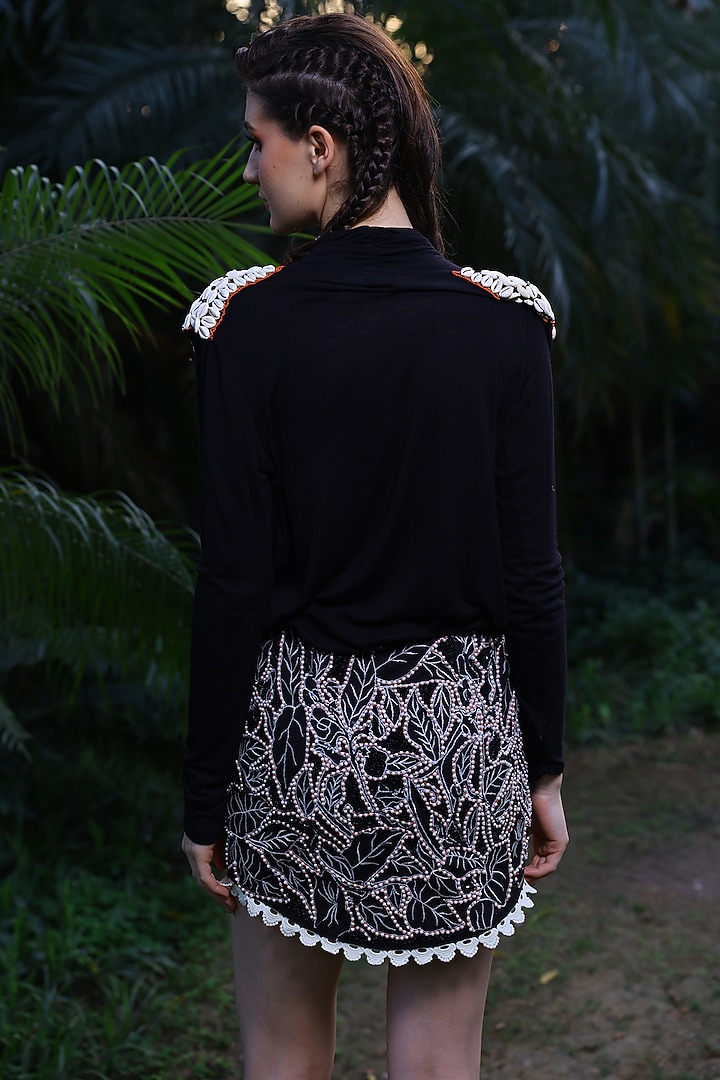 Black Butterfly Net Pearl Work Mini Skirt by Mynah Designs By Reynu Tandon at Pernia's Pop Up Shop
