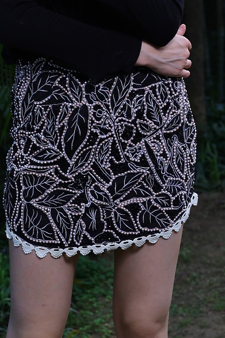 Black Butterfly Net Pearl Work Mini Skirt by Mynah Designs By Reynu Tandon at Pernia's Pop Up Shop