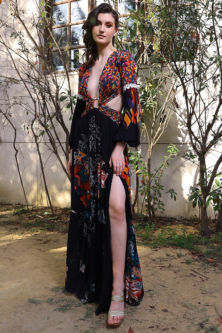 Black Printed Draped Gown by Mynah Designs By Reynu Tandon