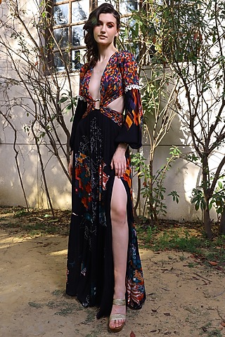 Black Printed Draped Gown by Mynah Designs By Reynu Tandon