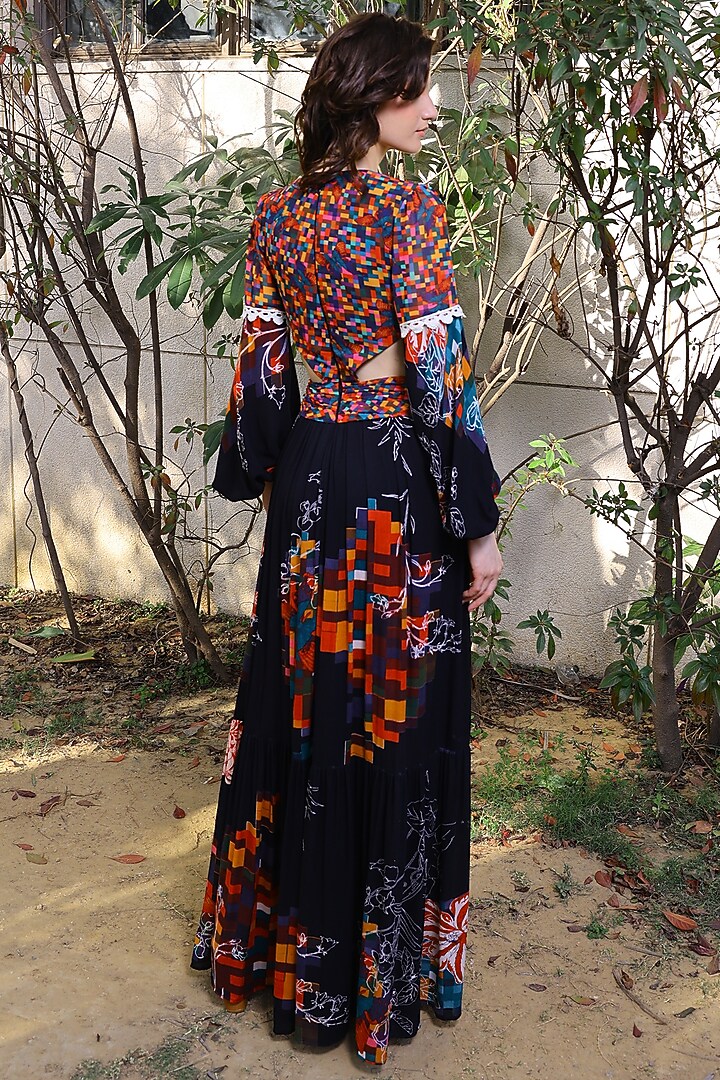 Black Printed Draped Gown by Mynah Designs By Reynu Tandon at Pernia's Pop Up Shop