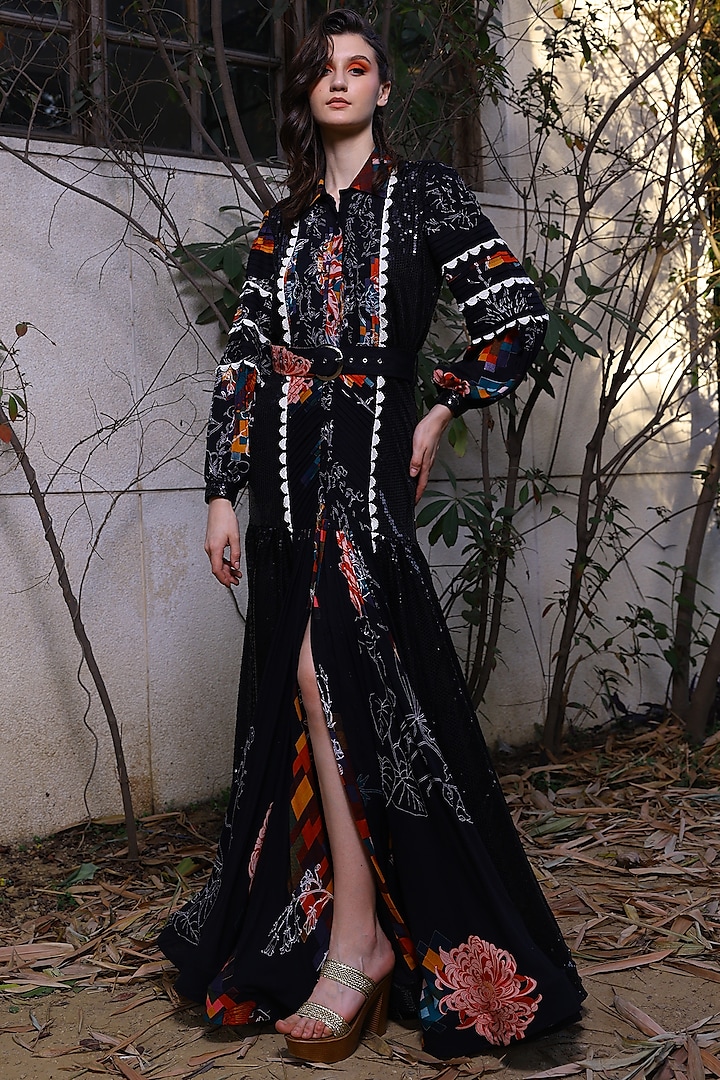 Black Printed Shirt Gown by Mynah Designs By Reynu Tandon