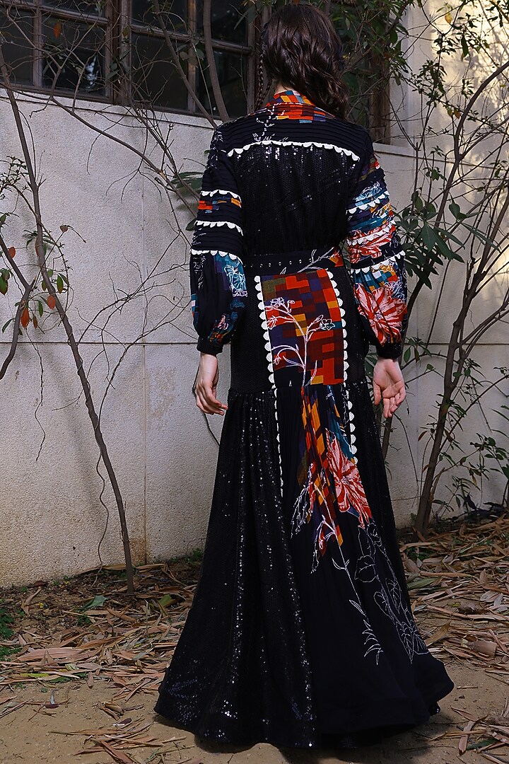 Black Printed Shirt Gown by Mynah Designs By Reynu Tandon at Pernia's Pop Up Shop