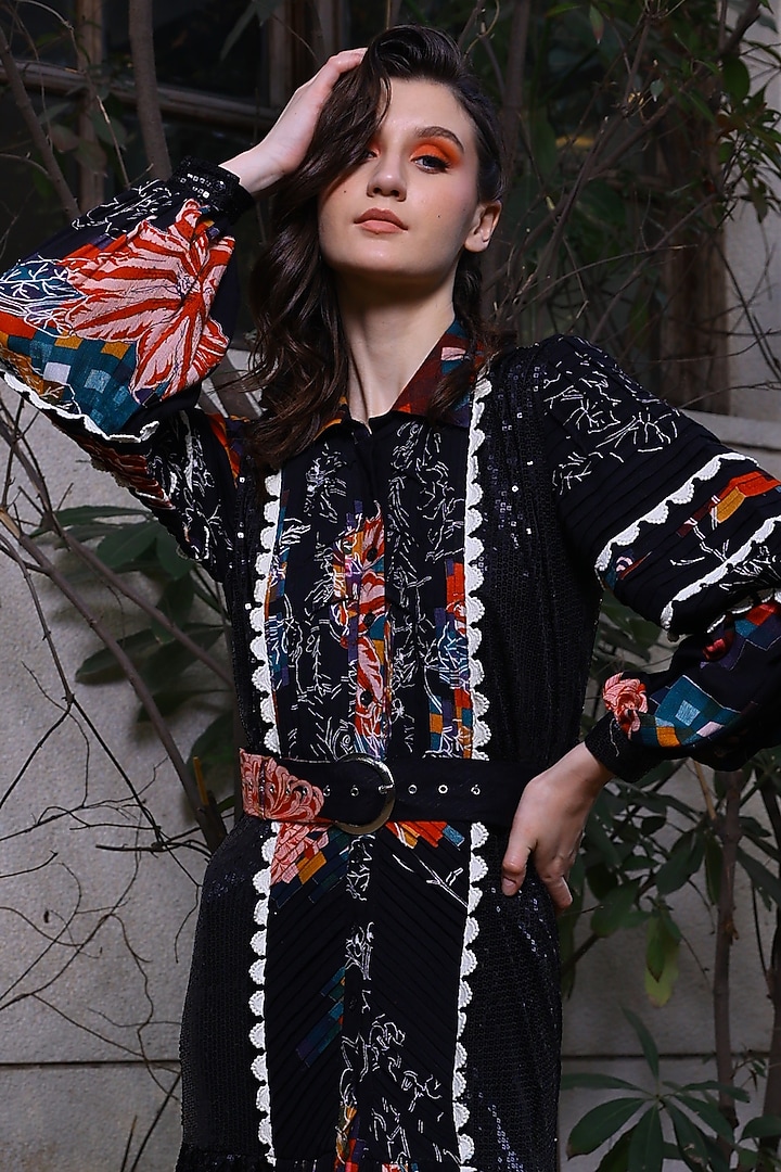 Black Printed Shirt Gown by Mynah Designs By Reynu Tandon at Pernia's Pop Up Shop