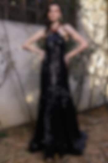 Black Sequins Halter Gown by Mynah Designs By Reynu Tandon