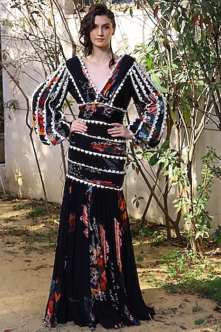 Black Printed Paneled Gown by Mynah Designs By Reynu Tandon