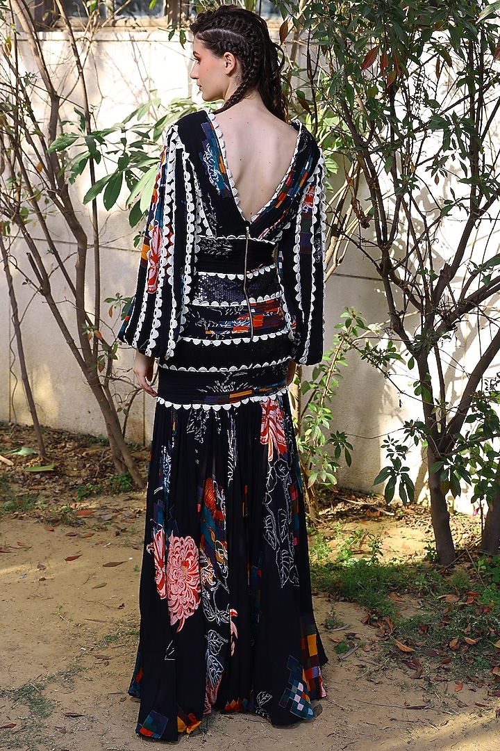 Black Printed Paneled Gown by Mynah Designs By Reynu Tandon at Pernia's Pop Up Shop