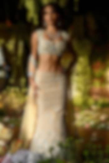 Aster Nude Fish Cut Bridal Lehenga With Swarovski Work by Mynah Designs By Reynu Tandon at Pernia's Pop Up Shop