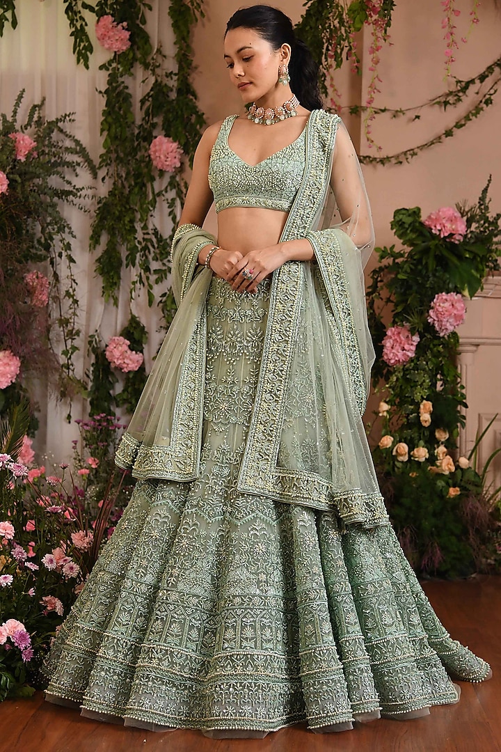 Willow Green Butterfly Net Bridal Lehenga Set by Mynah Designs By Reynu Tandon