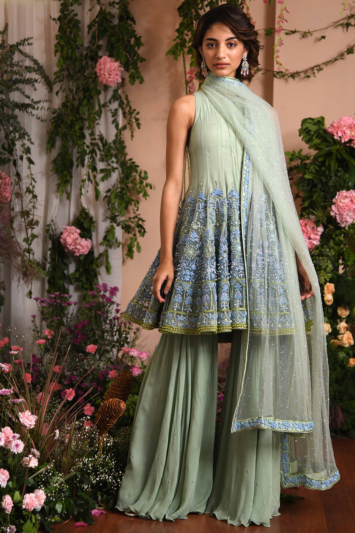 Jasmine Green Viscose Georgette Bridal Sharara Set by Mynah Designs By Reynu Tandon at Pernia's Pop Up Shop