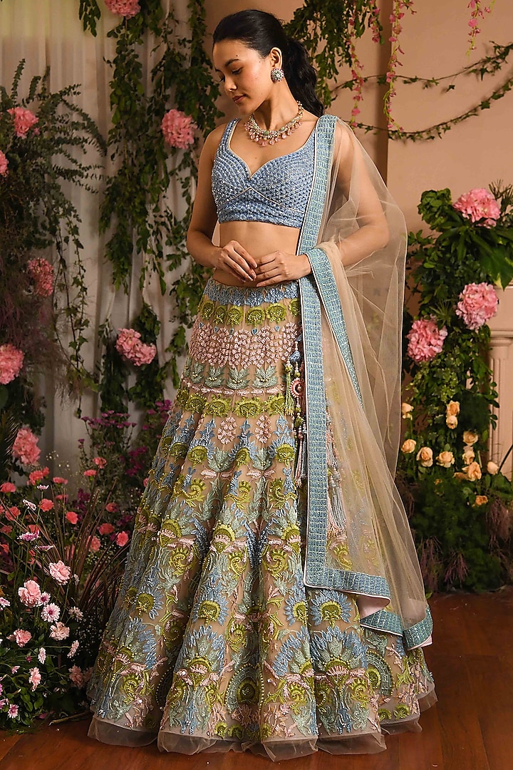 Dahlia Aqua Butterfly Net Lehenga Set by Mynah Designs By Reynu Tandon