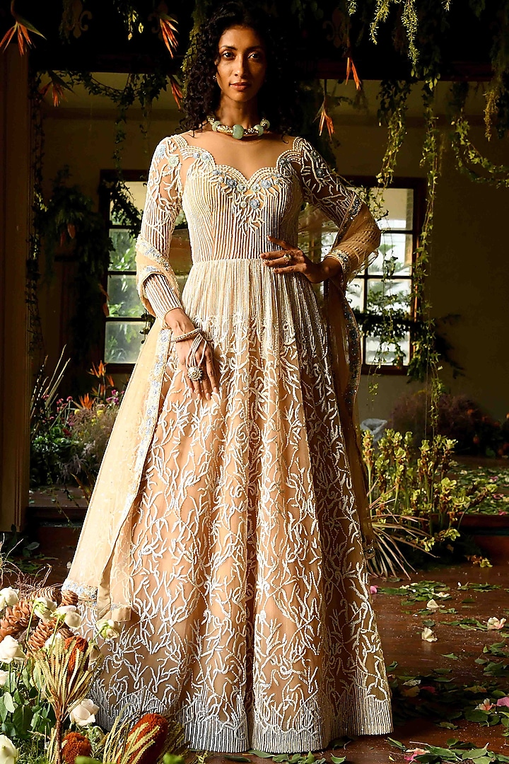 Cassia Beige Embellished Indo Western Anarkali Set by Mynah Designs By Reynu Tandon